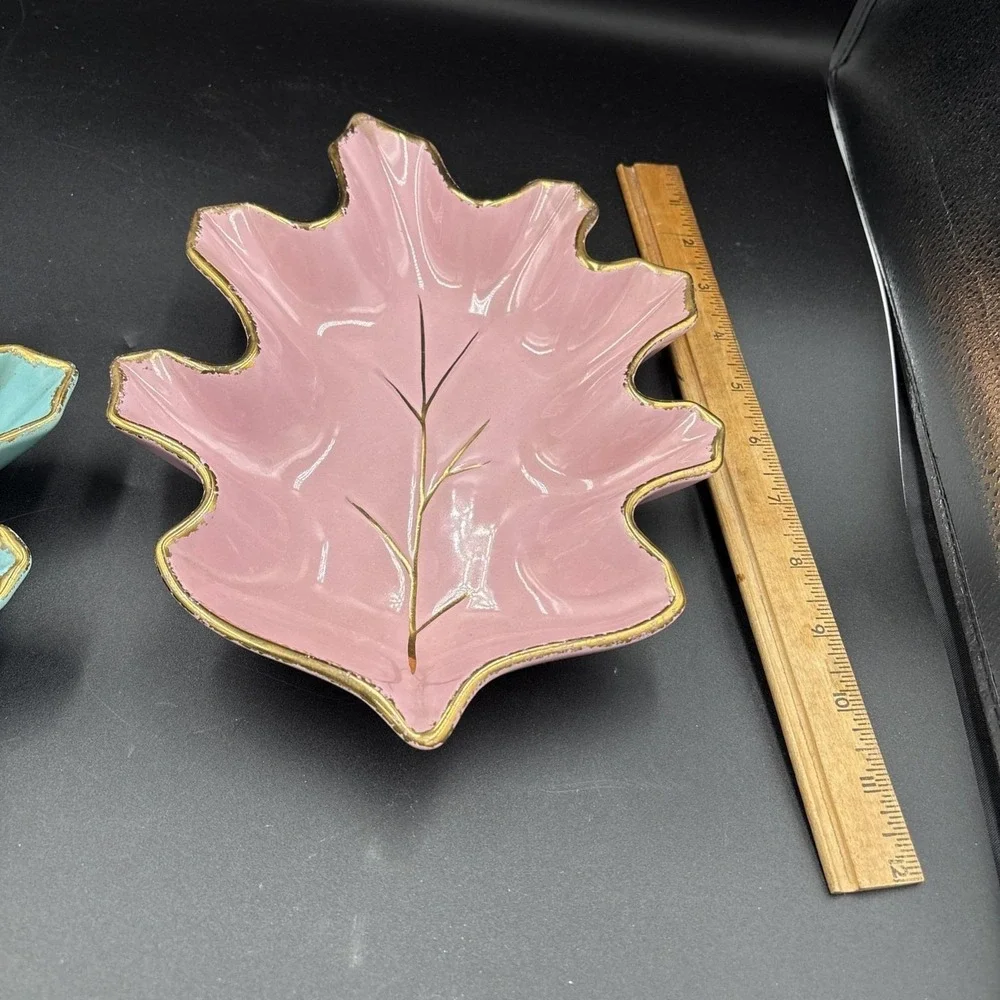CA Pottery Leaf Dish Set 2  Pink &Turquoise Blue Gold Trim USA VTG  #632 MCM 10